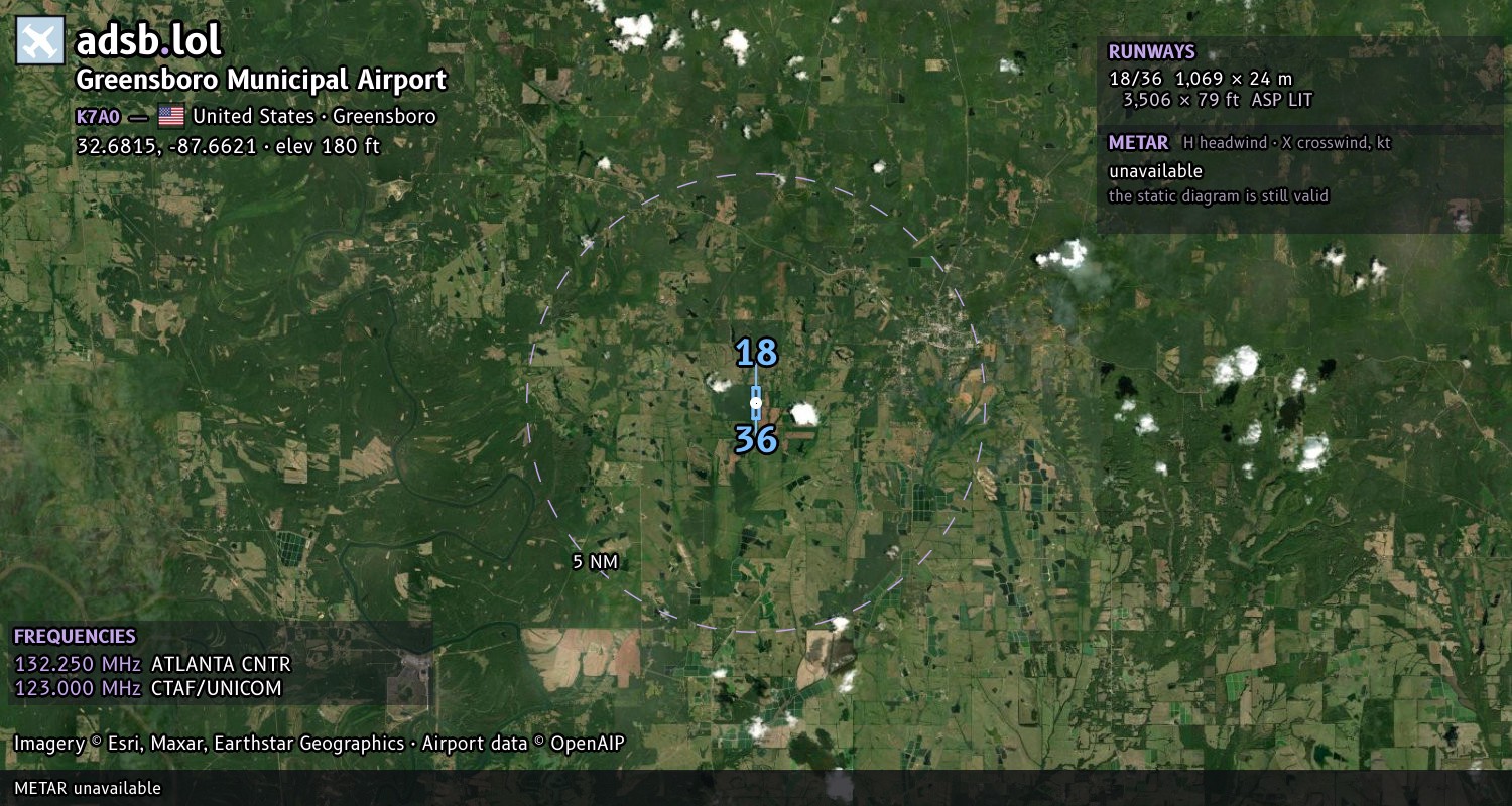 Satellite map with the runway layout of Greensboro Municipal Airport (K7A0)