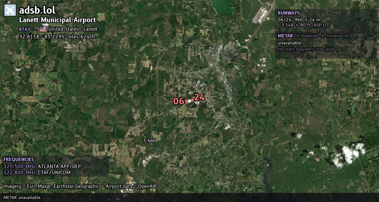 Satellite map with the runway layout of Lanett Municipal Airport (K7A3)