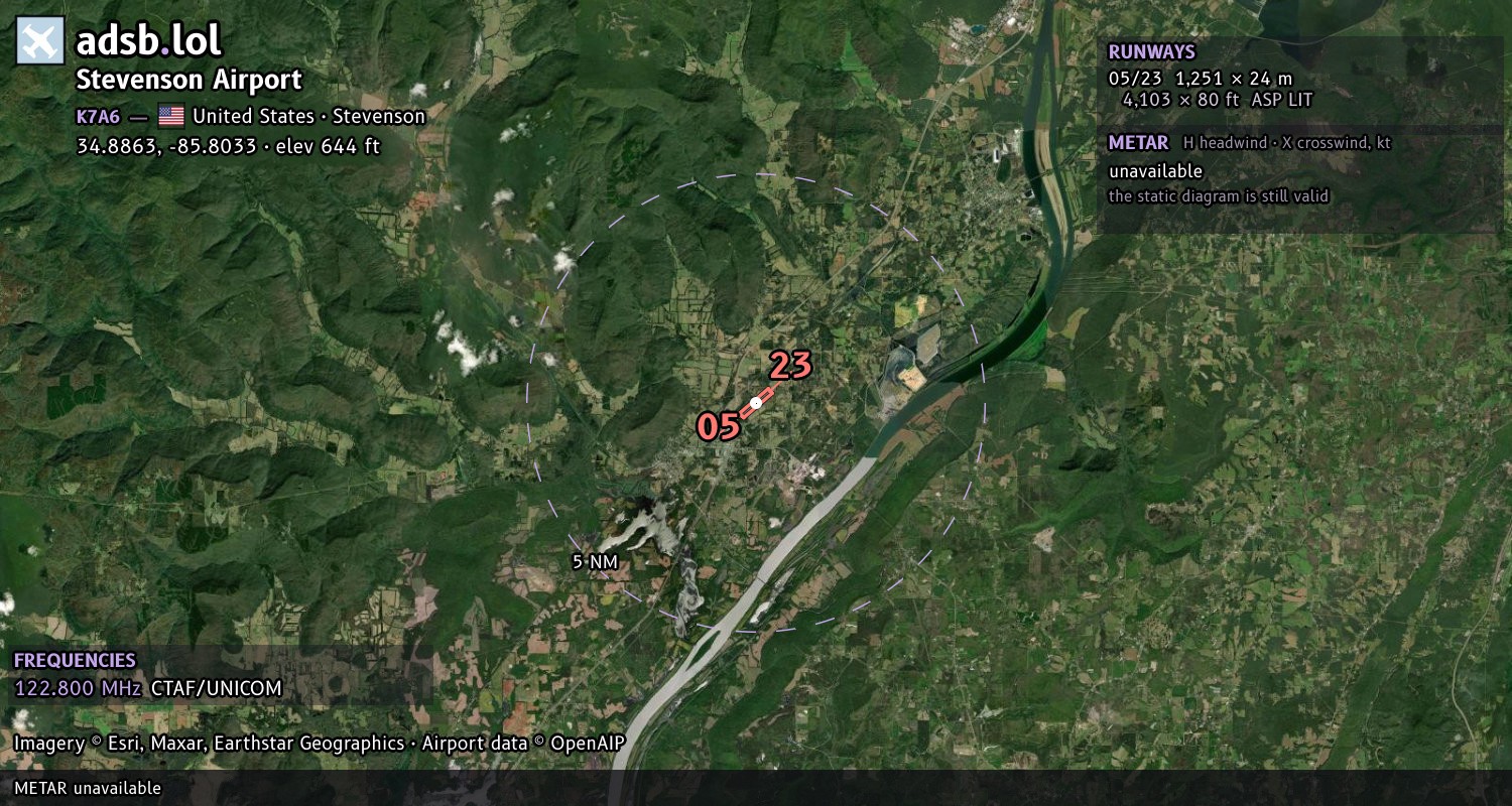 Satellite map with the runway layout of Stevenson Airport (K7A6)