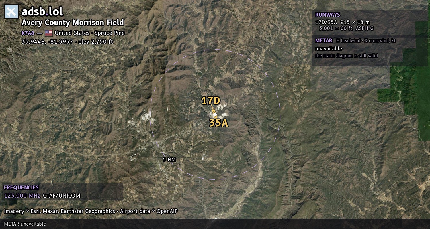 Satellite map with the runway layout of Avery County Morrison Field (K7A8)