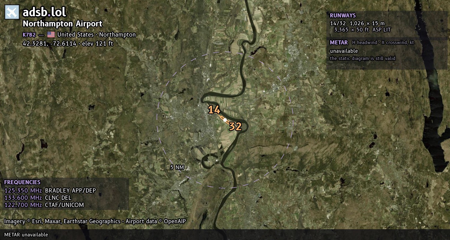 Satellite map with the runway layout of Northampton Airport (K7B2)