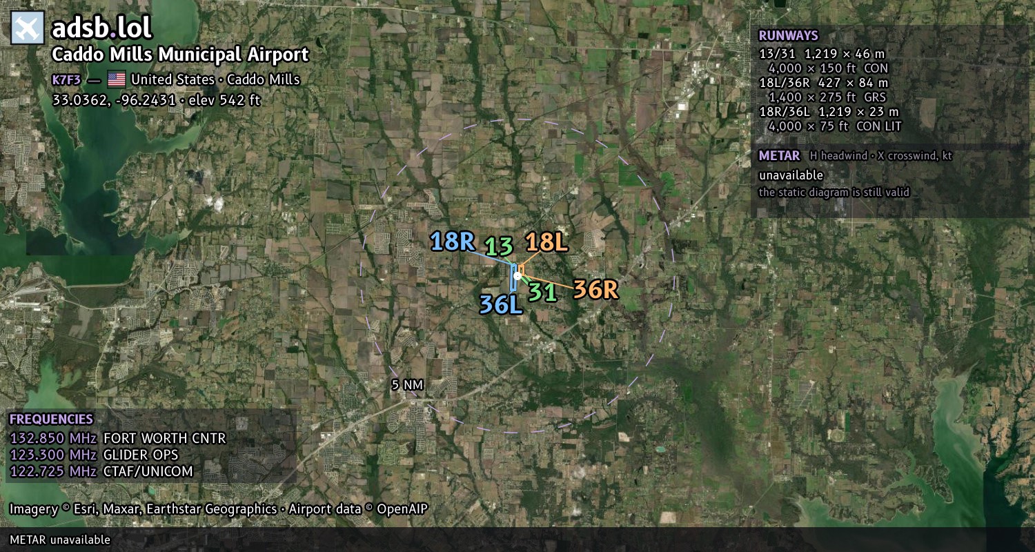 Satellite map with the runway layout of Caddo Mills Municipal Airport (K7F3)