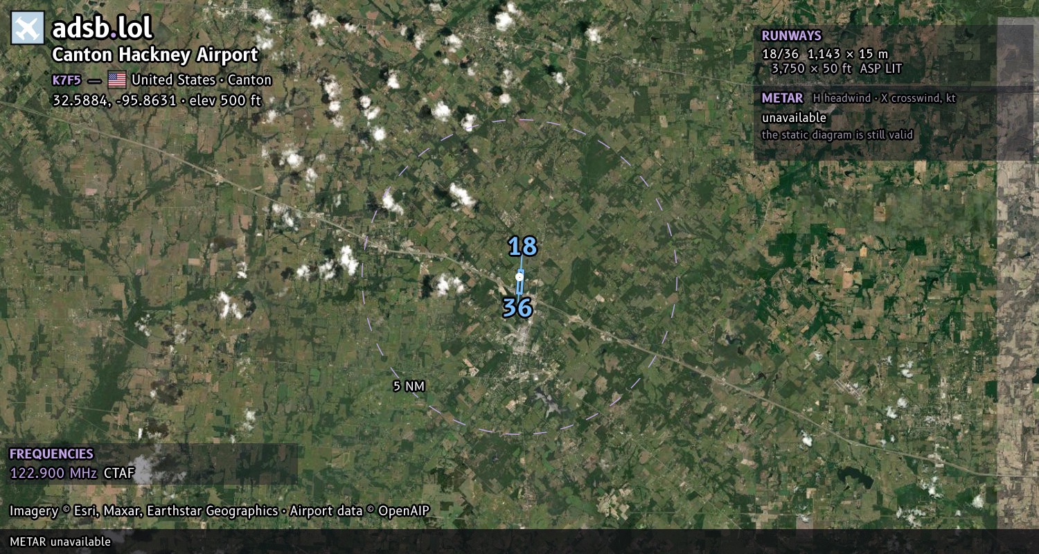 Satellite map with the runway layout of Canton Hackney Airport (K7F5)