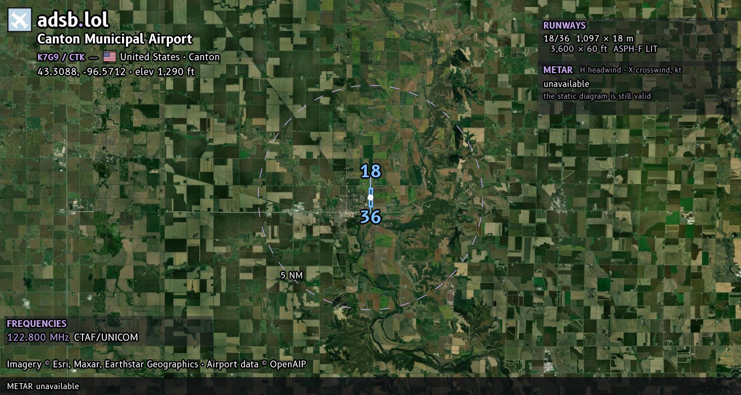 Satellite map with the runway layout of Canton Municipal Airport (K7G9)
