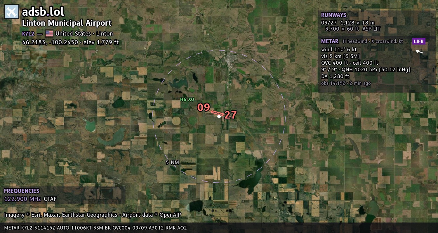 Satellite map with the runway layout of Linton Municipal Airport (K7L2)