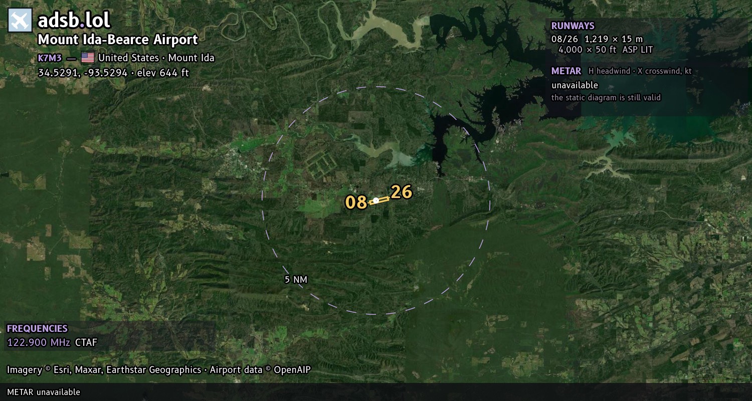 Satellite map with the runway layout of Mount Ida-Bearce Airport (K7M3)