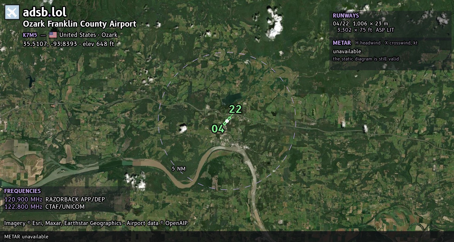 Satellite map with the runway layout of Ozark Franklin County Airport (K7M5)