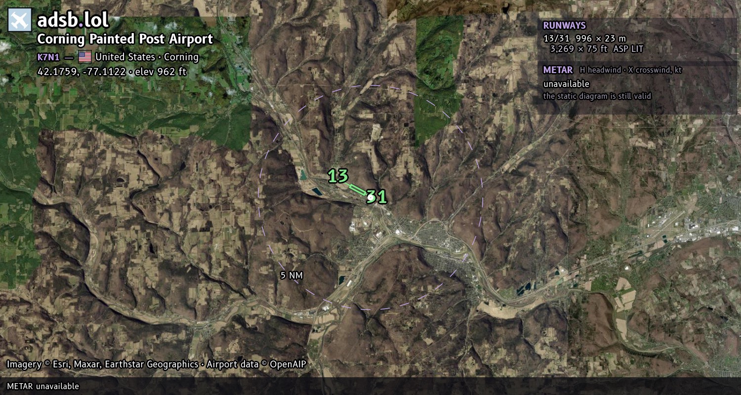 Satellite map with the runway layout of Corning Painted Post Airport (K7N1)
