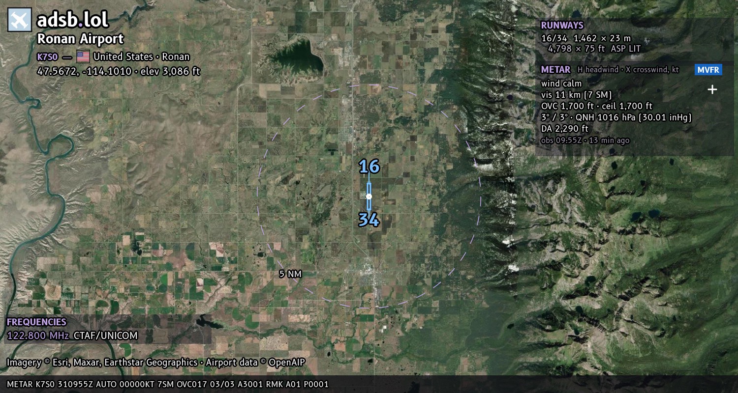 Satellite map with the runway layout of Ronan Airport (K7S0)