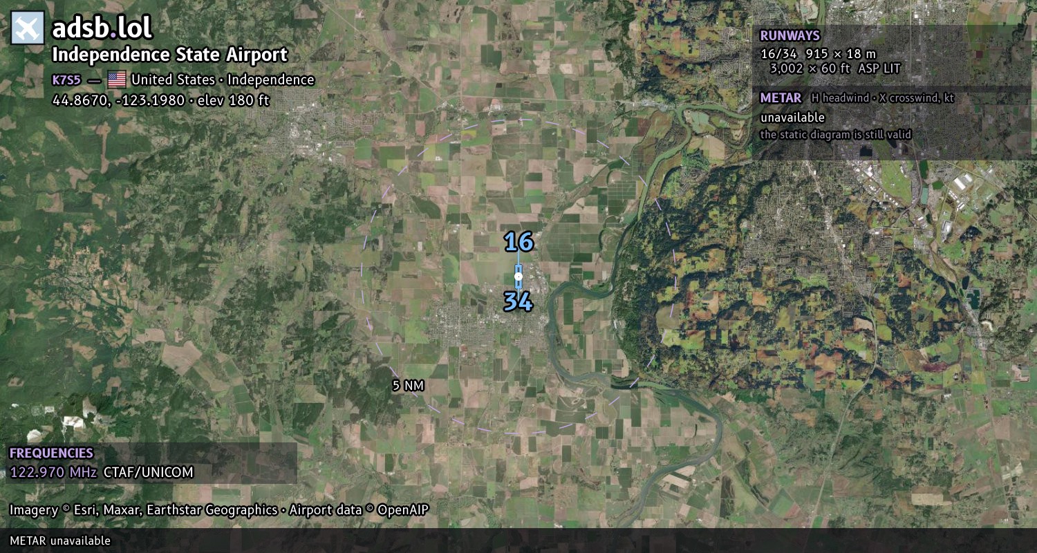 Satellite map with the runway layout of Independence State Airport (K7S5)