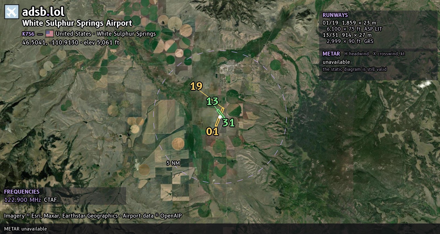 Satellite map with the runway layout of White Sulphur Springs Airport (K7S6)