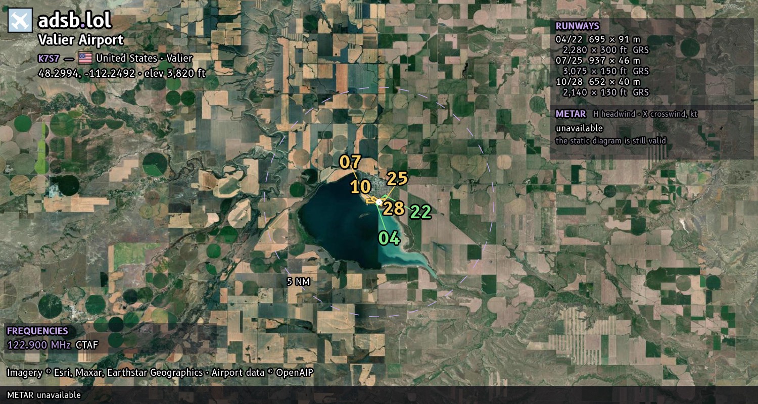 Satellite map with the runway layout of Valier Airport (K7S7)
