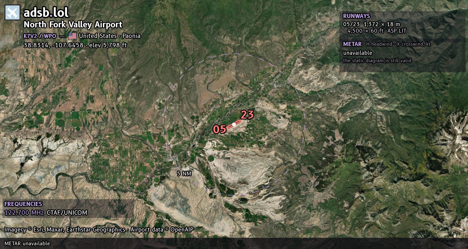 Satellite map with the runway layout of North Fork Valley Airport (K7V2)