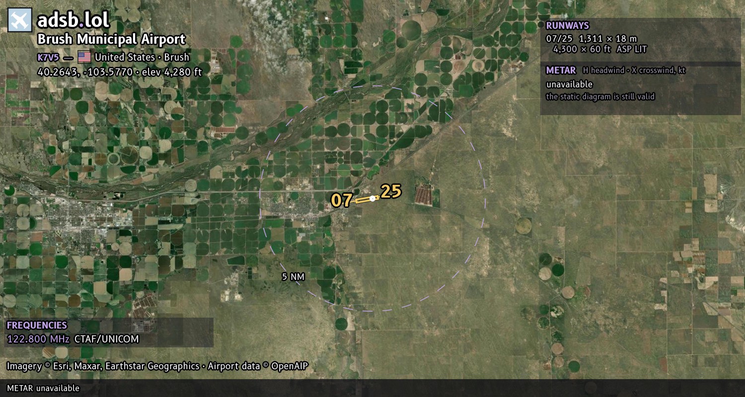 Satellite map with the runway layout of Brush Municipal Airport (K7V5)