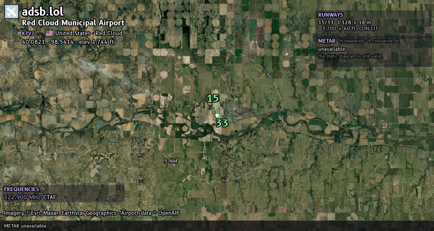 Satellite map with the runway layout of Red Cloud Municipal Airport (K7V7)