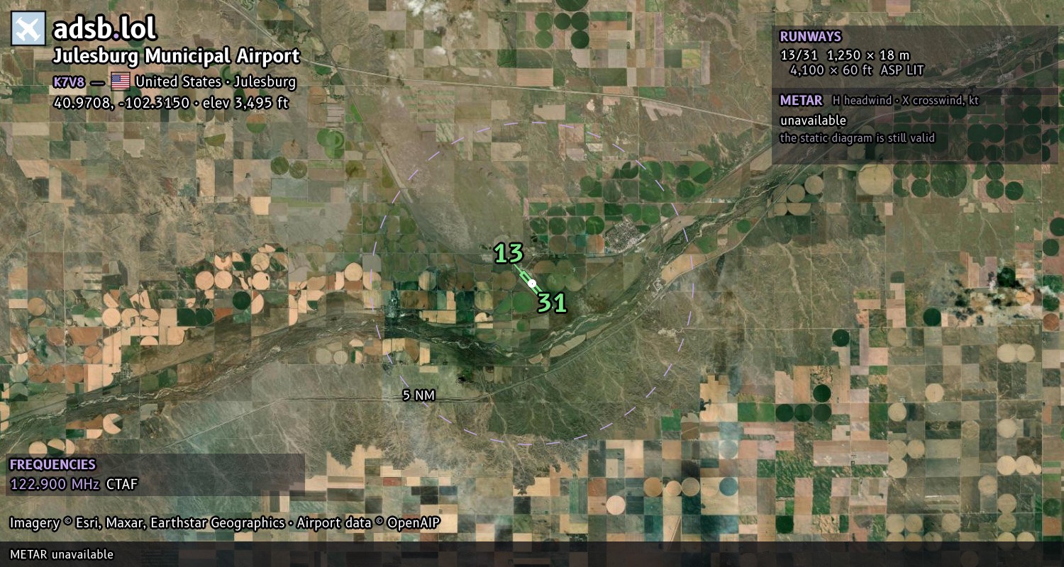 Satellite map with the runway layout of Julesburg Municipal Airport (K7V8)