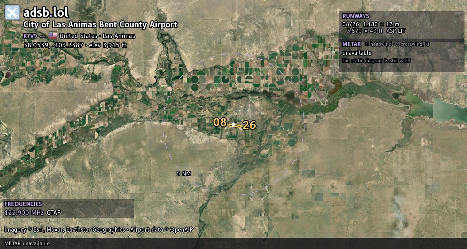 Satellite map with the runway layout of City of Las Animas Bent County Airport (K7V9)