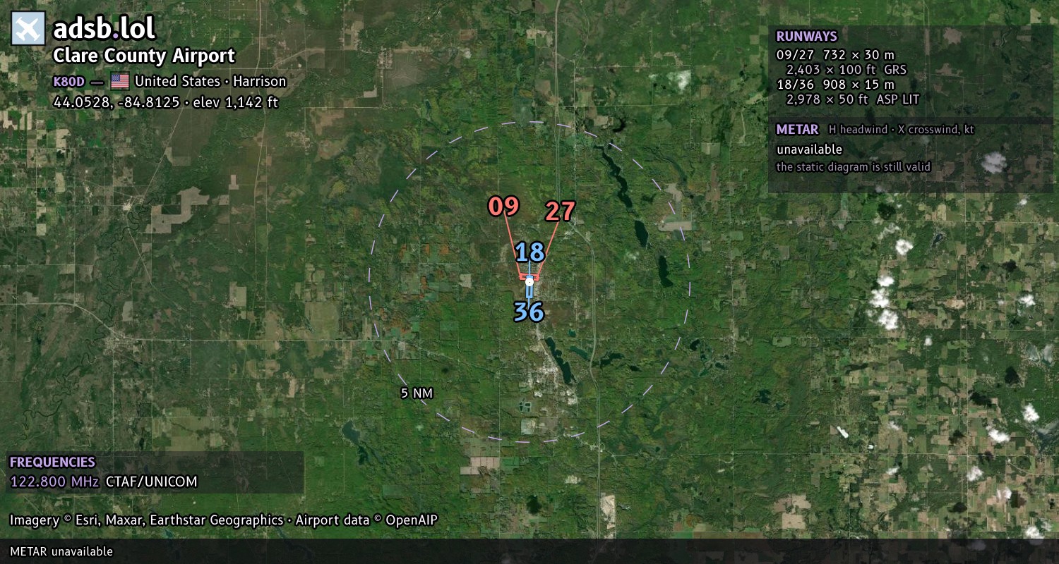 Satellite map with the runway layout of Clare County Airport (K80D)