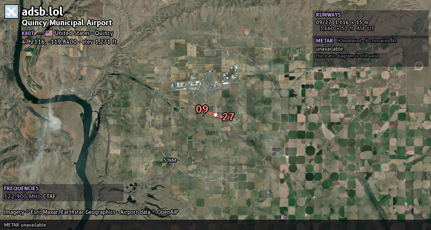 Satellite map with the runway layout of Quincy Municipal Airport (K80T)