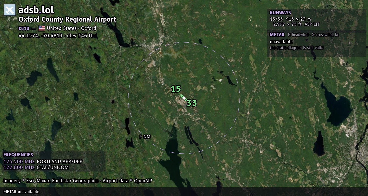 Satellite map with the runway layout of Oxford County Regional Airport (K81B)