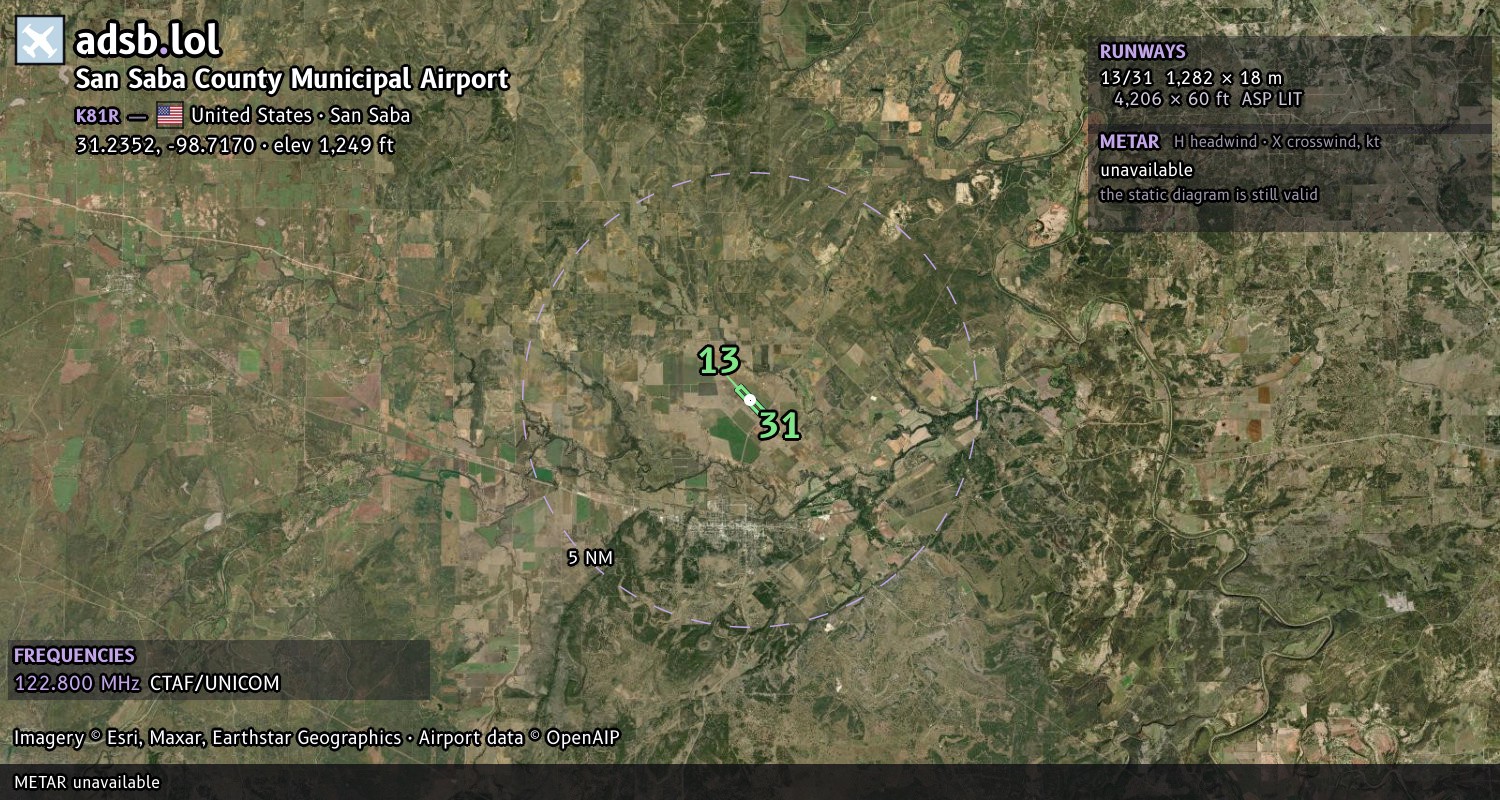 Satellite map with the runway layout of San Saba County Municipal Airport (K81R)