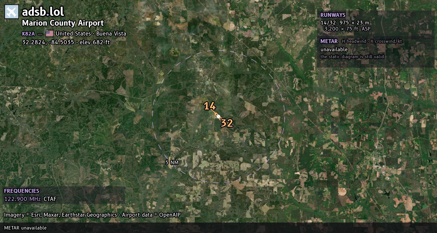 Satellite map with the runway layout of Marion County Airport (K82A)