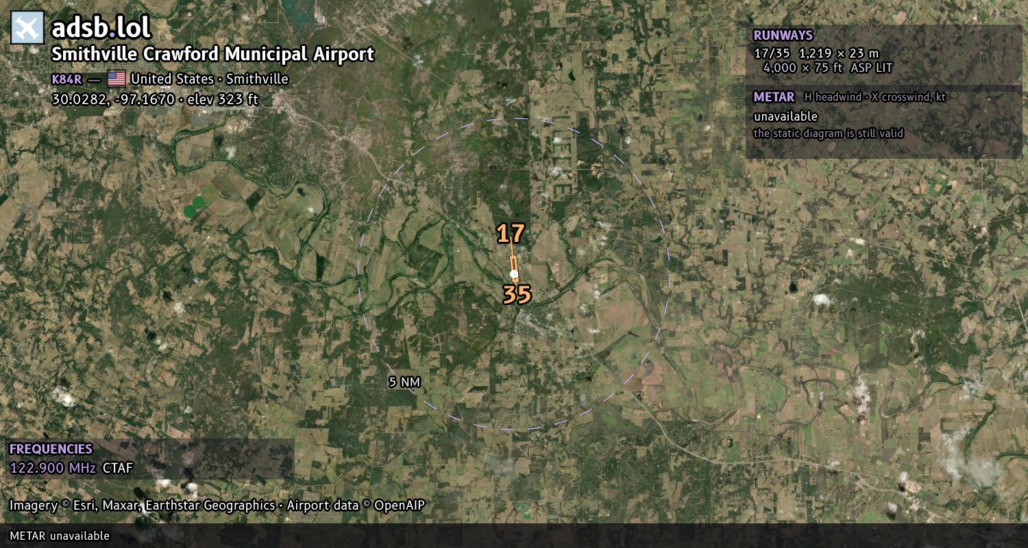 Satellite map with the runway layout of Smithville Crawford Municipal Airport (K84R)