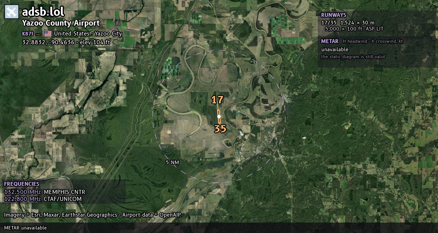 Satellite map with the runway layout of Yazoo County Airport (K87I)