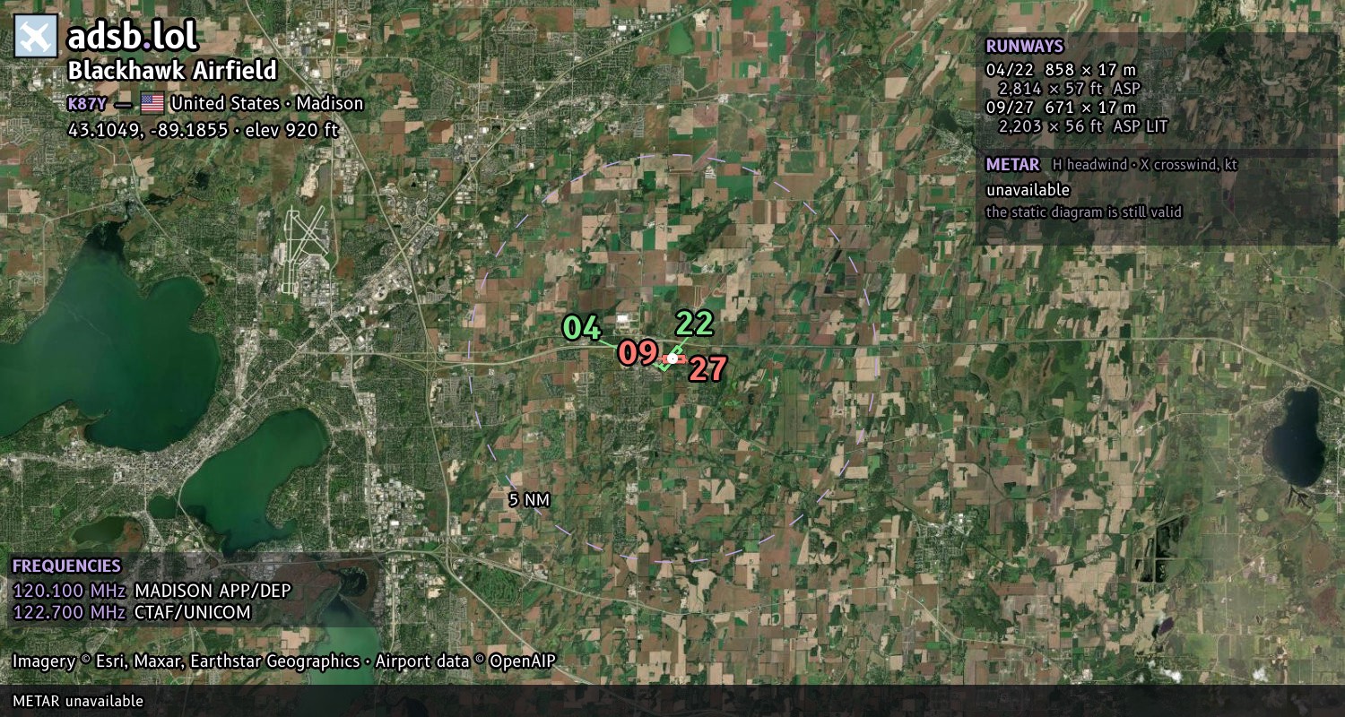 Satellite map with the runway layout of Blackhawk Airfield (K87Y)