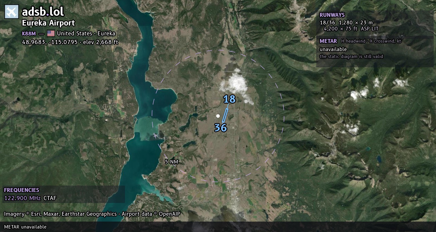Satellite map with the runway layout of Eureka Airport (K88M)