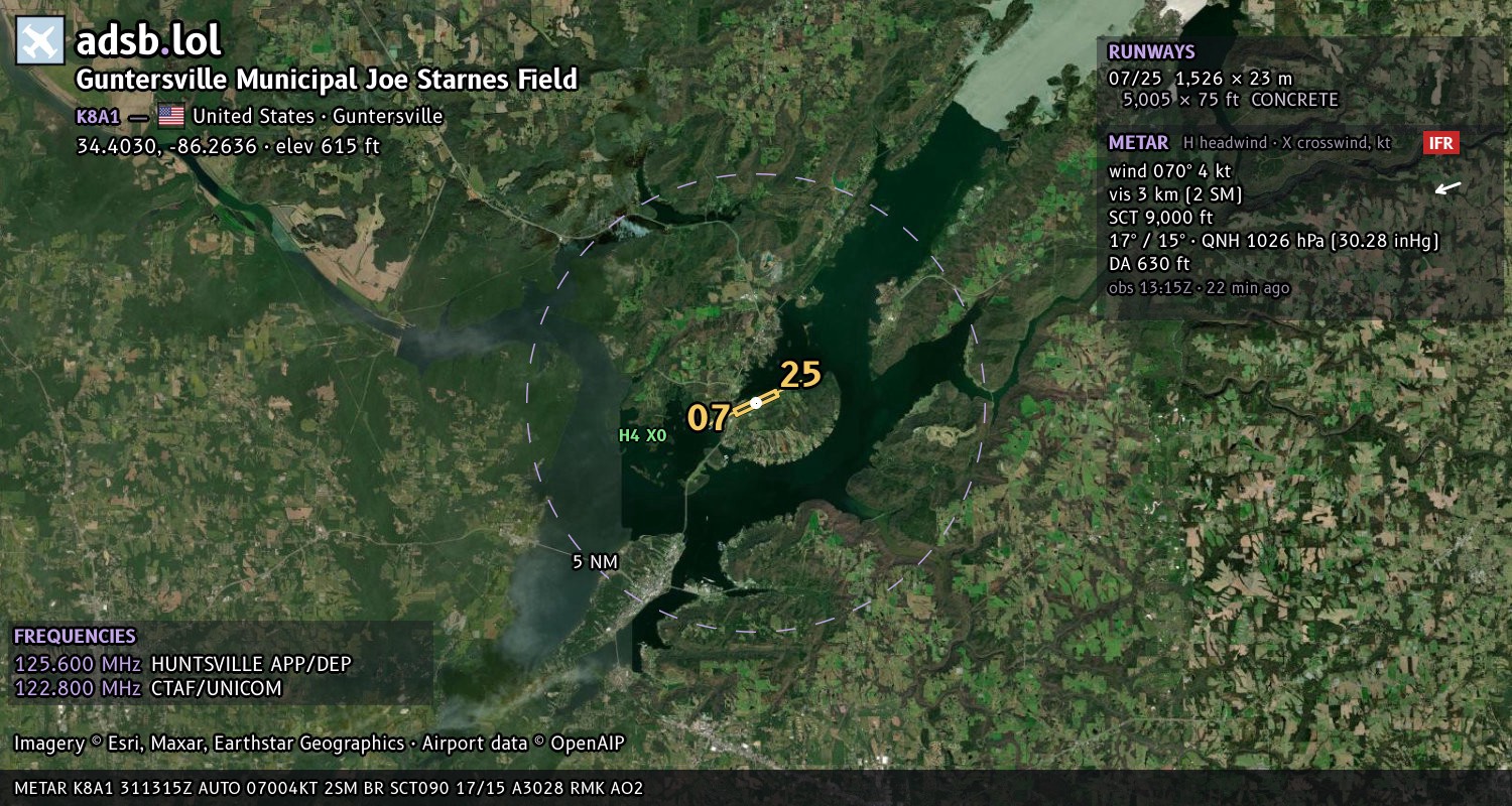 Satellite map with the runway layout of Guntersville Municipal Joe Starnes Field (K8A1)