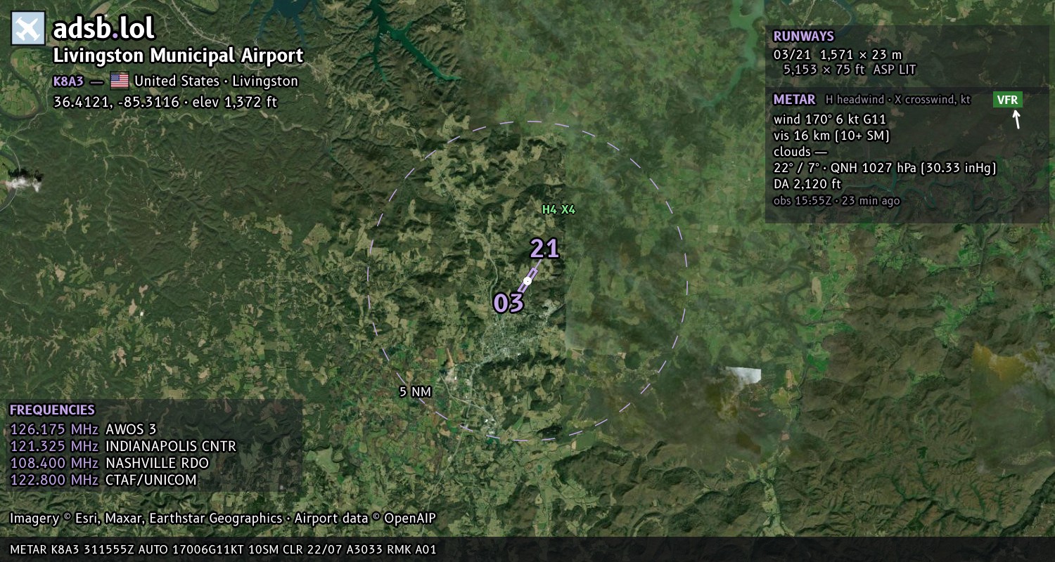 Satellite map with the runway layout of Livingston Municipal Airport (K8A3)