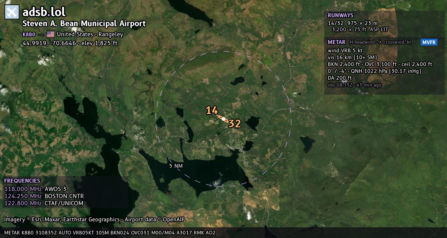 Satellite map with the runway layout of Steven A. Bean Municipal Airport (K8B0)