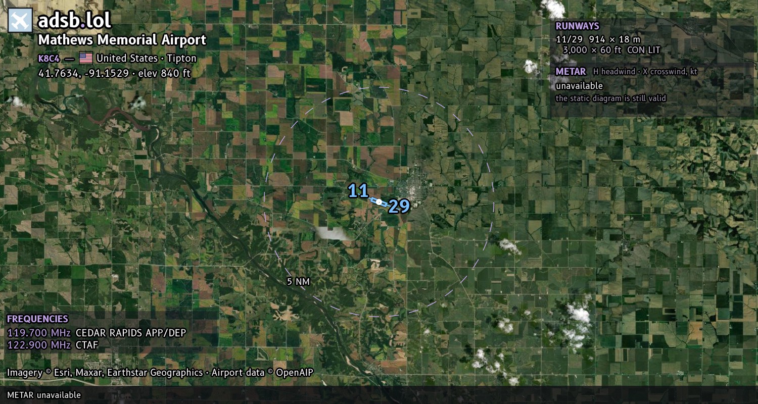 Satellite map with the runway layout of Mathews Memorial Airport (K8C4)