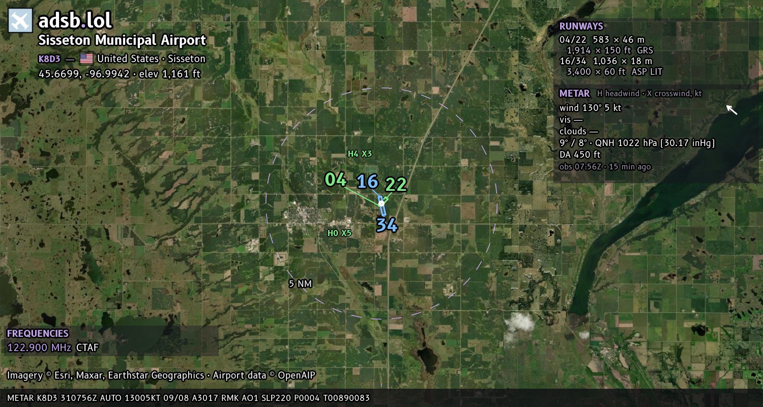 Satellite map with the runway layout of Sisseton Municipal Airport (K8D3)