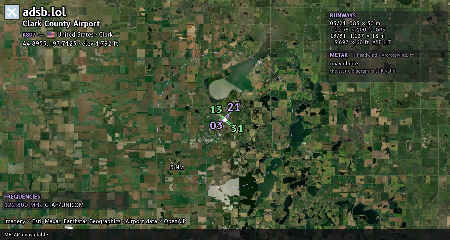 Satellite map with the runway layout of Clark County Airport (K8D7)