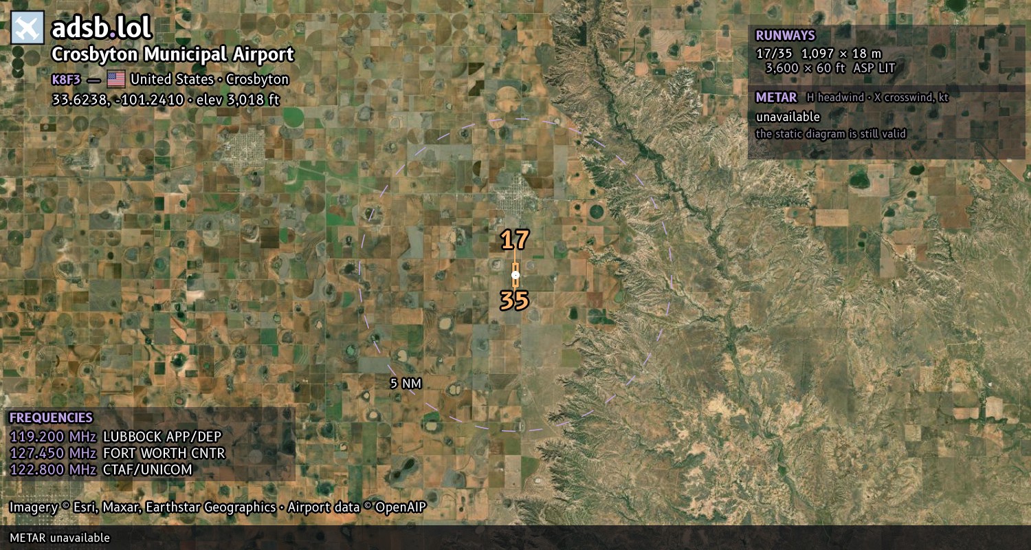 Satellite map with the runway layout of Crosbyton Municipal Airport (K8F3)
