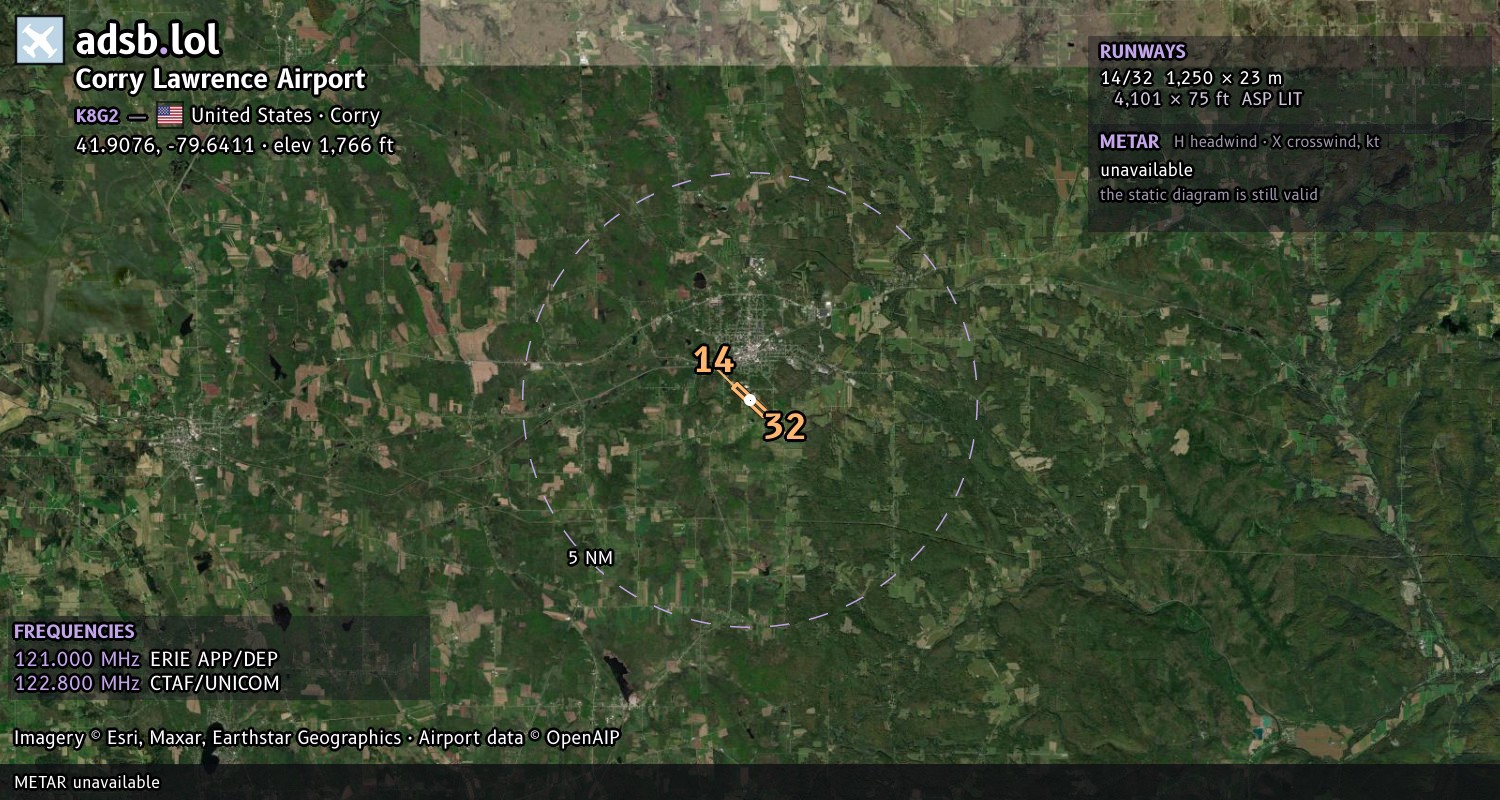Satellite map with the runway layout of Corry Lawrence Airport (K8G2)