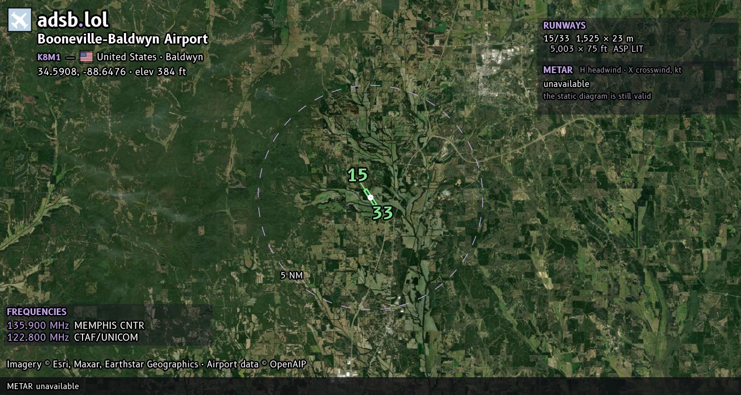 Satellite map with the runway layout of Booneville-Baldwyn Airport (K8M1)