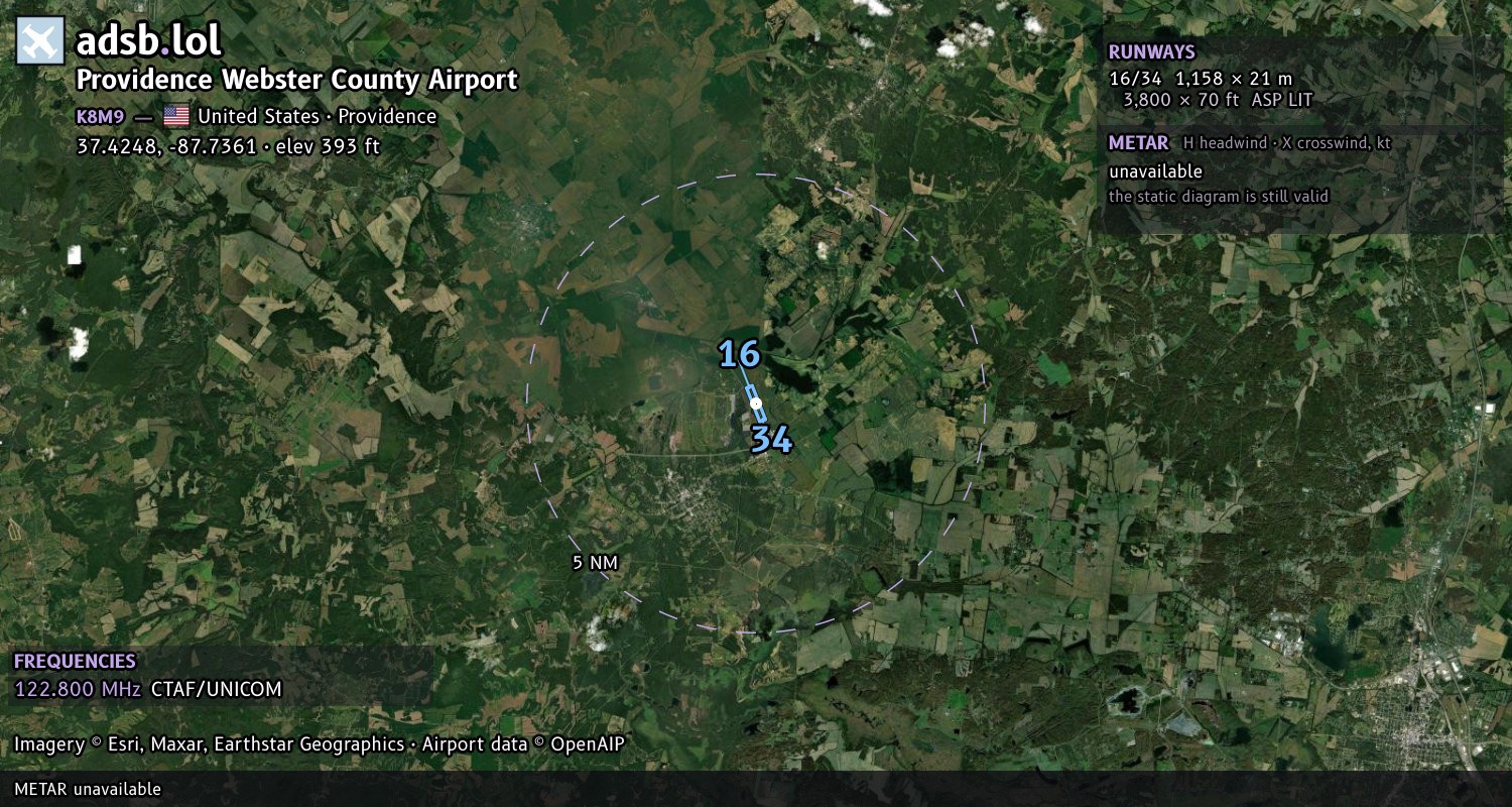 Satellite map with the runway layout of Providence Webster County Airport (K8M9)
