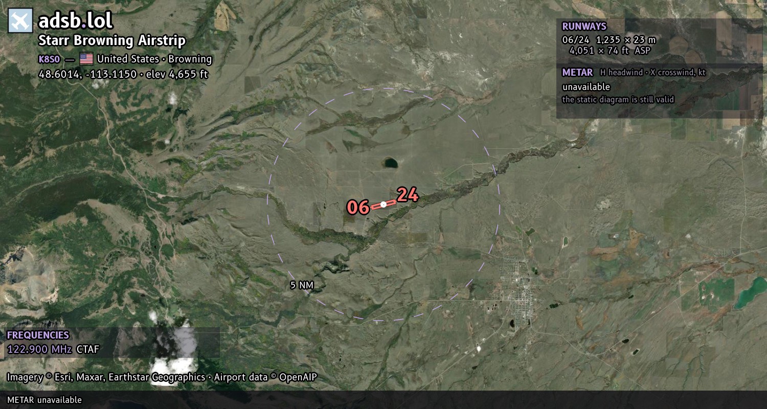 Satellite map with the runway layout of Starr Browning Airstrip (K8S0)