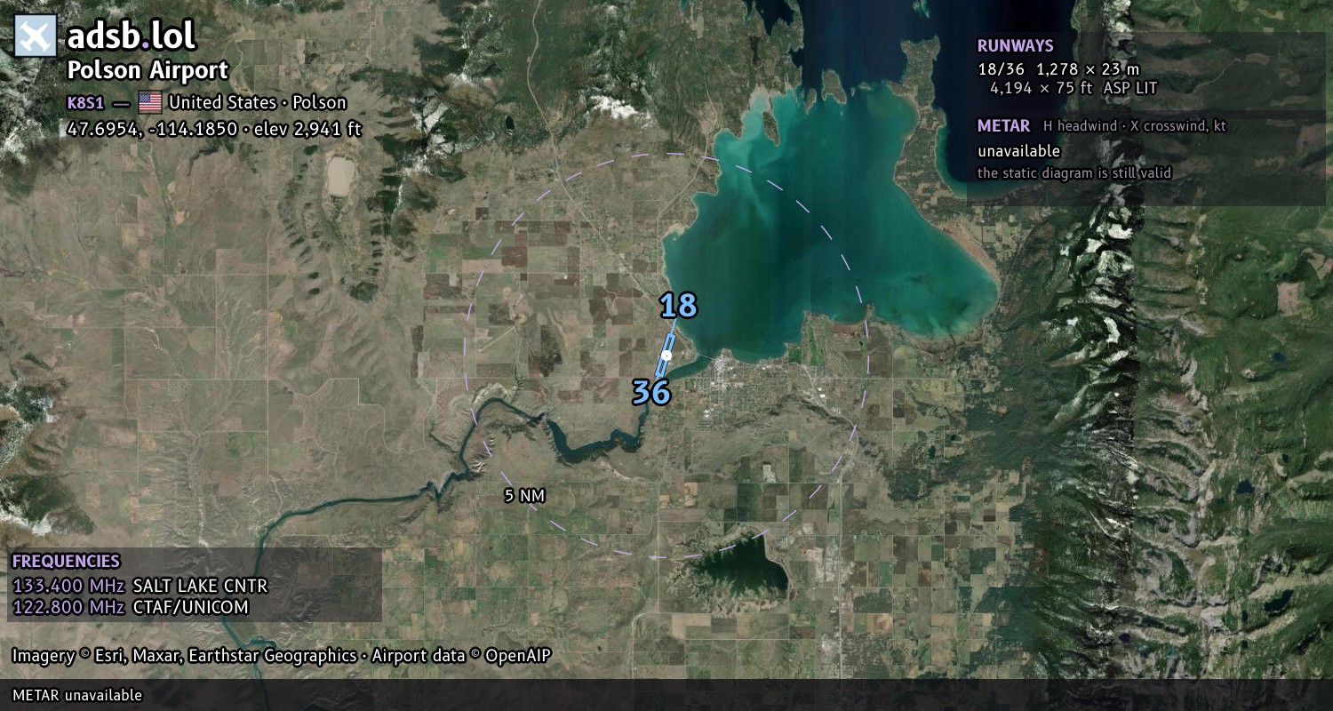 Satellite map with the runway layout of Polson Airport (K8S1)