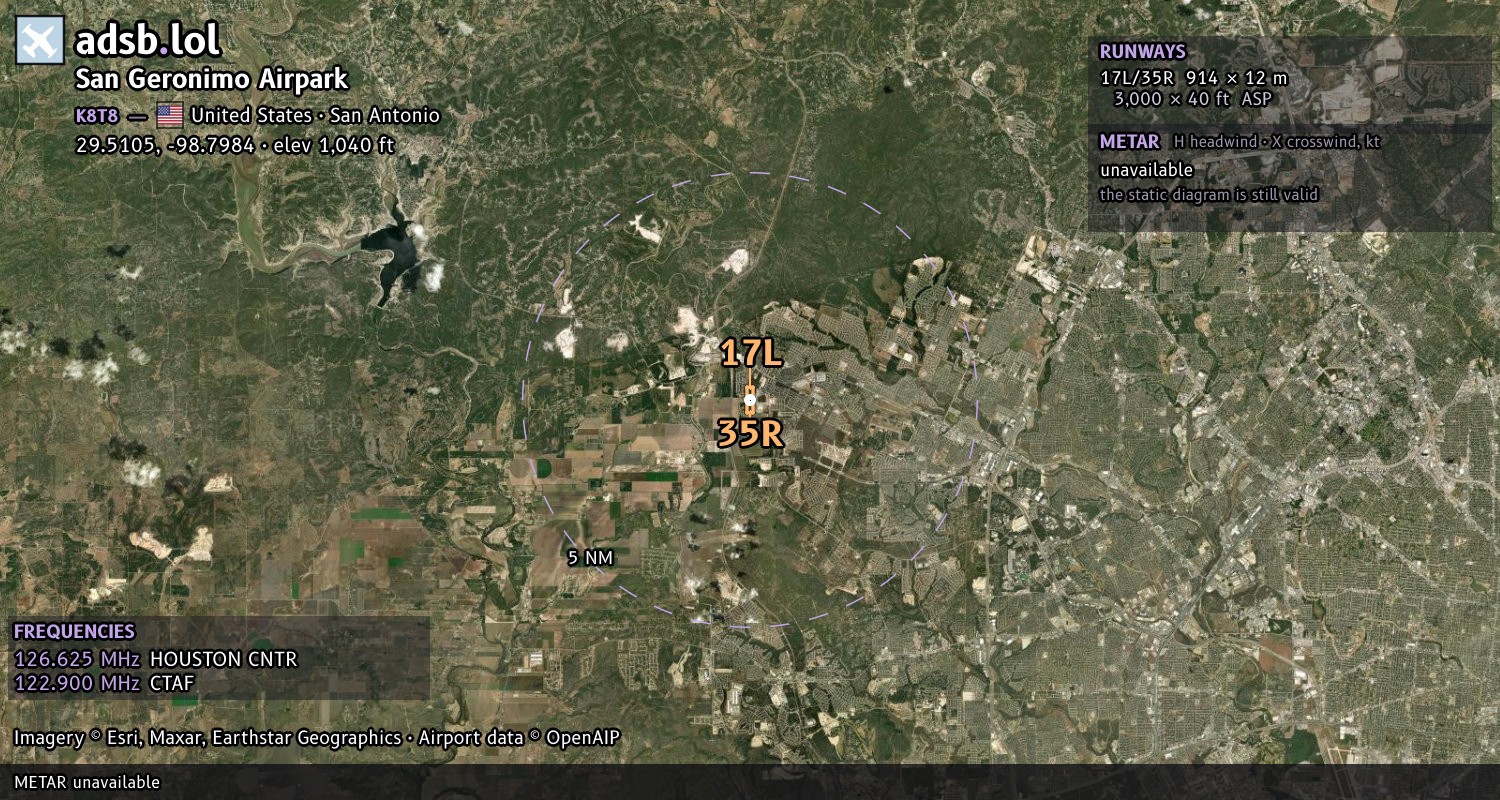 Satellite map with the runway layout of San Geronimo Airpark (K8T8)