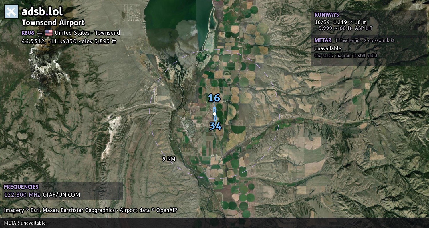 Satellite map with the runway layout of Townsend Airport (K8U8)