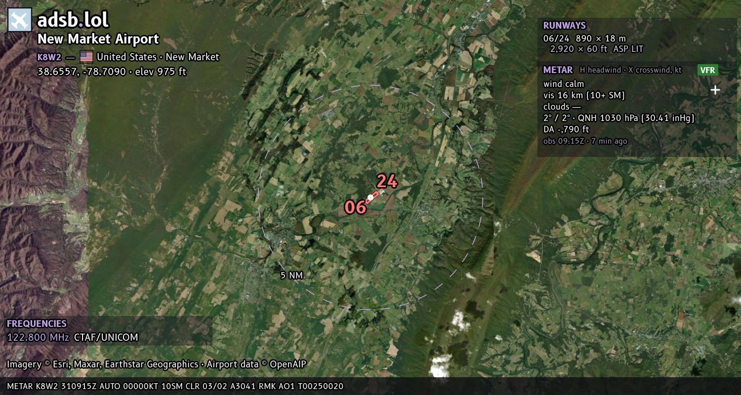 Satellite map with the runway layout of New Market Airport (K8W2)