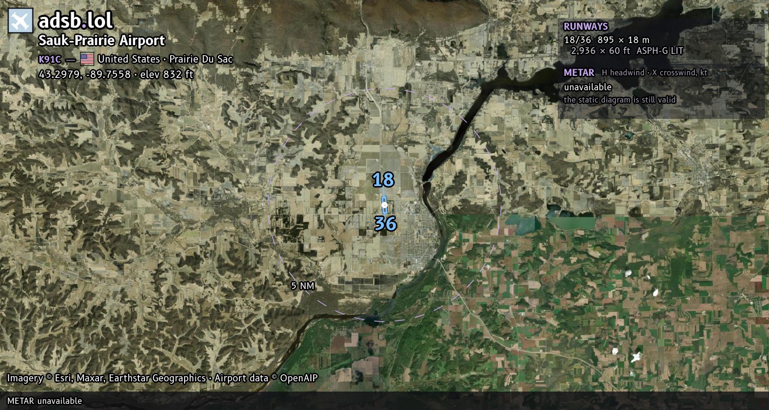 Satellite map with the runway layout of Sauk-Prairie Airport (K91C)