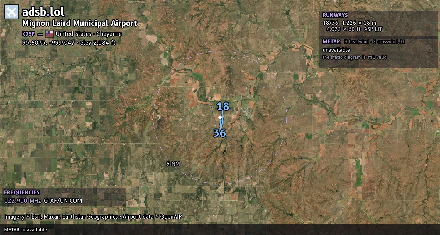 Satellite map with the runway layout of Mignon Laird Municipal Airport (K93F)