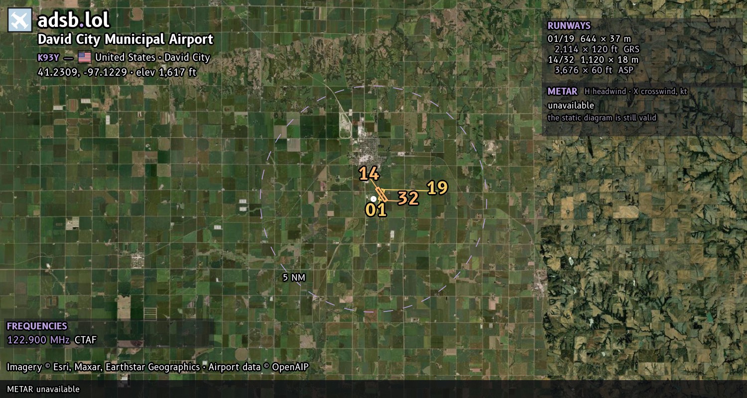 Satellite map with the runway layout of David City Municipal Airport (K93Y)