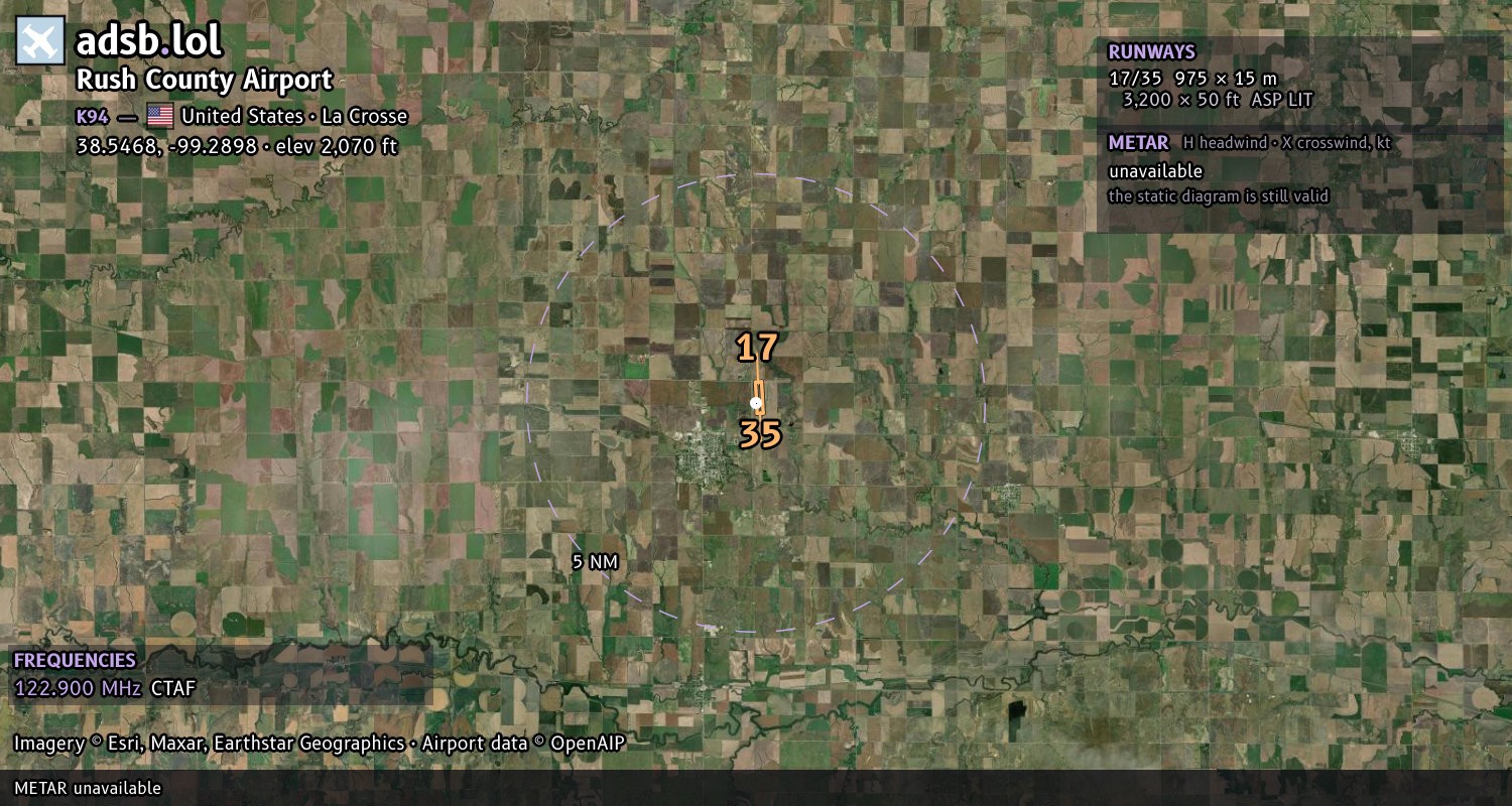 Satellite map with the runway layout of Rush County Airport (K94)