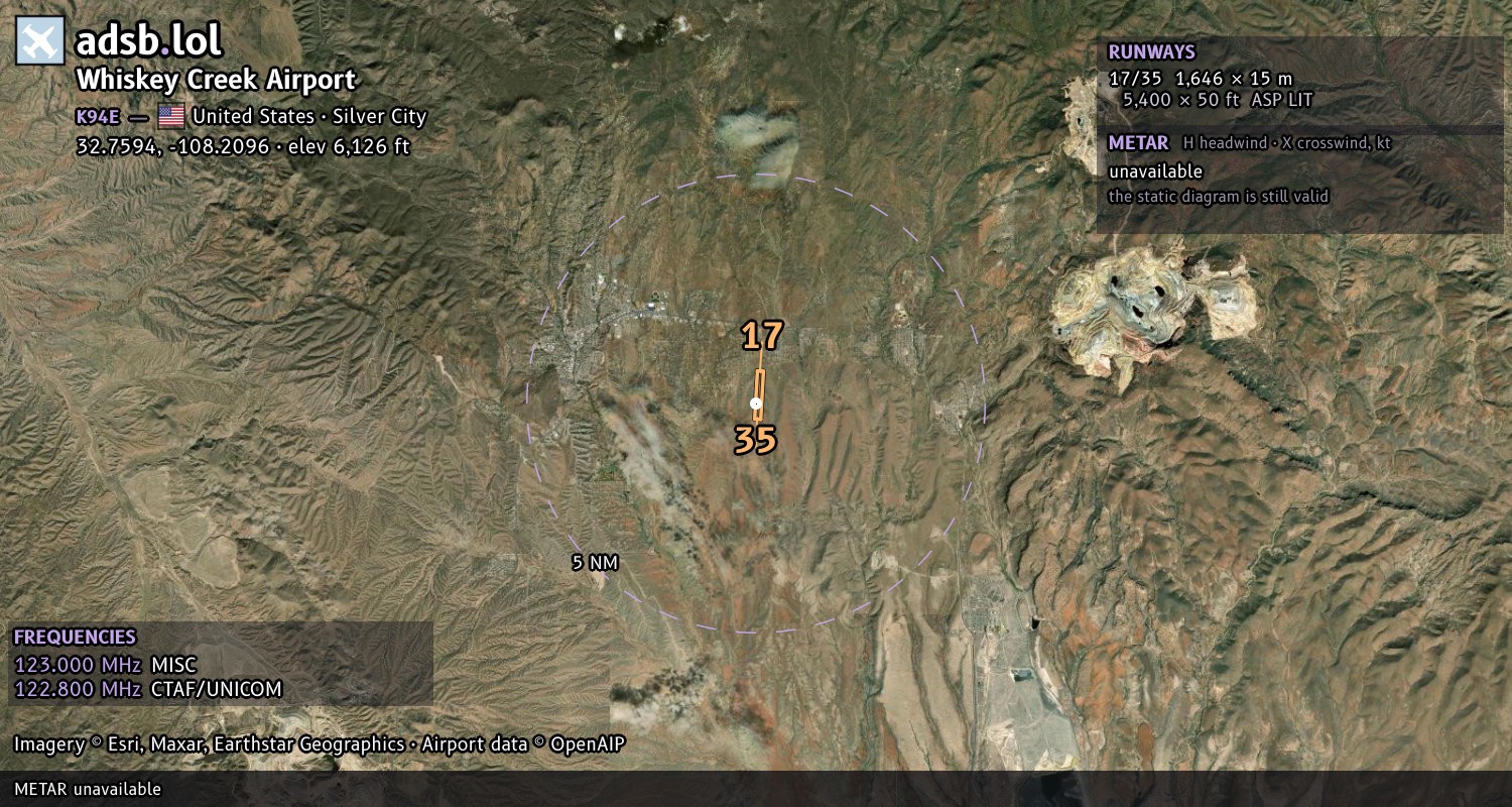 Satellite map with the runway layout of Whiskey Creek Airport (K94E)